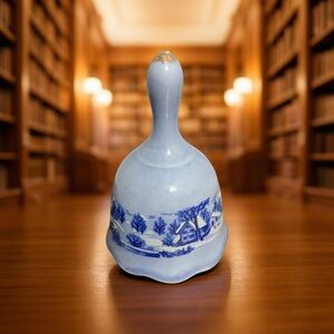 VTG Currier & Ives Porcelain Bell "The Farmer's Home Winter" Blue & White Decor